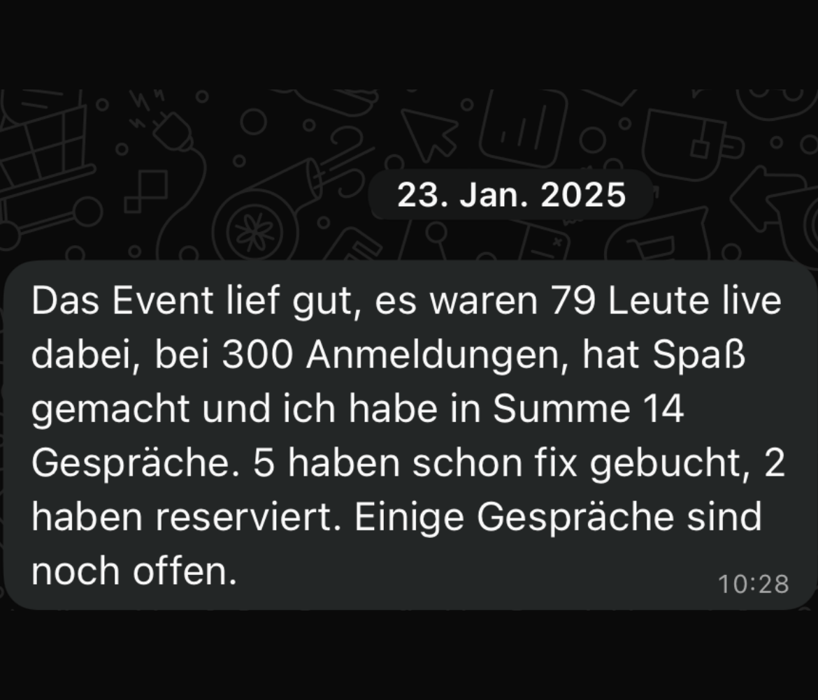WhatsApp-Nachricht von Celine mit Ergebnissen des Launches